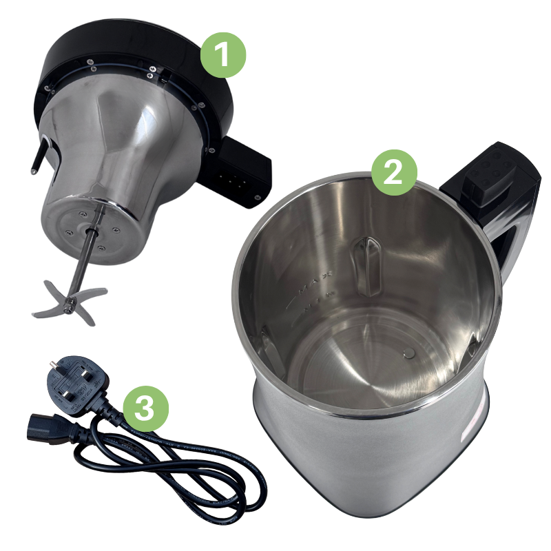 Stainless steel mixer with attachments on a white background